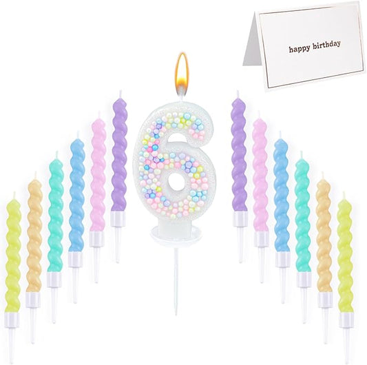 Number Birthday Candle with 12PCS Spiral Candles and A Birthday Card - Perfect for Celebrating Birthdays (Macaron Glitter, Number 6)