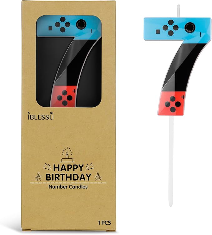 Number 7 Level Birthday Candles, 2.68 inch Gamer Candles, Red Blue Birthday Candles, Game Controller Gamepad Candles,Video Game Controller Themed Kids Boy Girl Party Supplies (Game, 7)