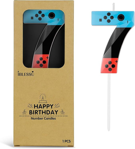 Number 7 Level Birthday Candles, 2.68 inch Gamer Candles, Red Blue Birthday Candles, Game Controller Gamepad Candles,Video Game Controller Themed Kids Boy Girl Party Supplies (Game, 7)