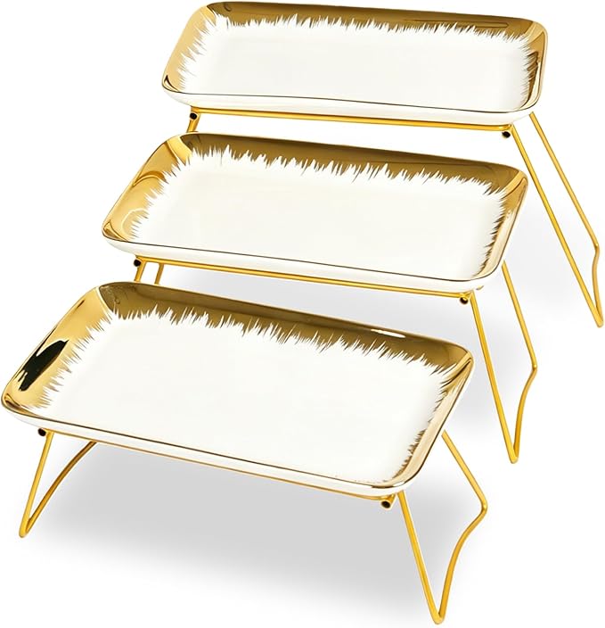 HAPPY KIT 3 Tier Serving Tray Set with Gold Freely Combinable Rack,12 Inch Tiered Tray Stand,Widened Porcelain Platters,Cupcake Stand Collapsible,Gold-Rimmed