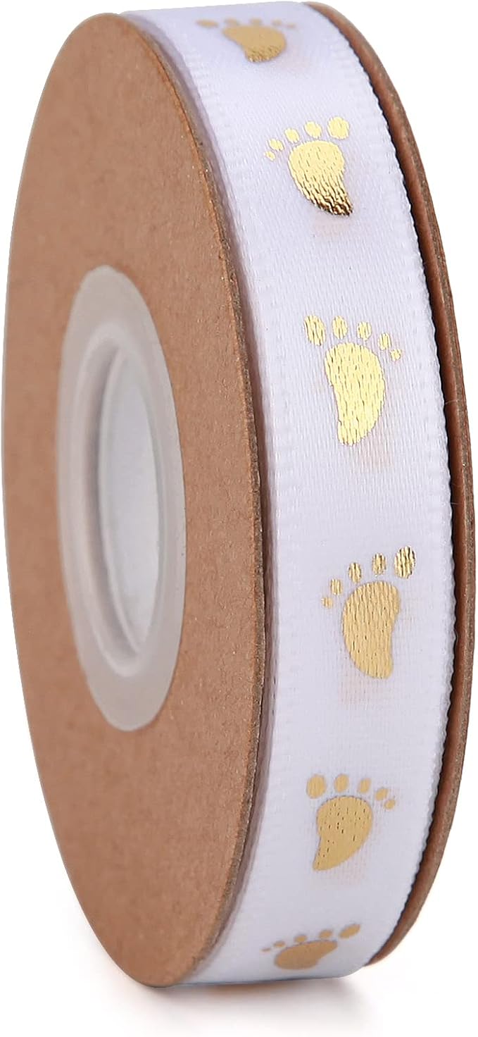 Meseey 20 Yards Welcome Baby Ribbon White and Gold Foot Print Ribbons for Crafts Cake Baby Shower Birthday,Gift Wrapping, Party Decoration (1"+3/8", White-wb)