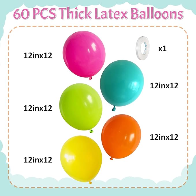 Rainbow Balloons, 12 Inch 60pcs Multicolor Rainbow Balloon Teal Blue Green Yellow Orange Hot Pink Latex Ballons for Tropical Summer Birthday Wedding Baby Shower Engagement Decoration Party Supplies