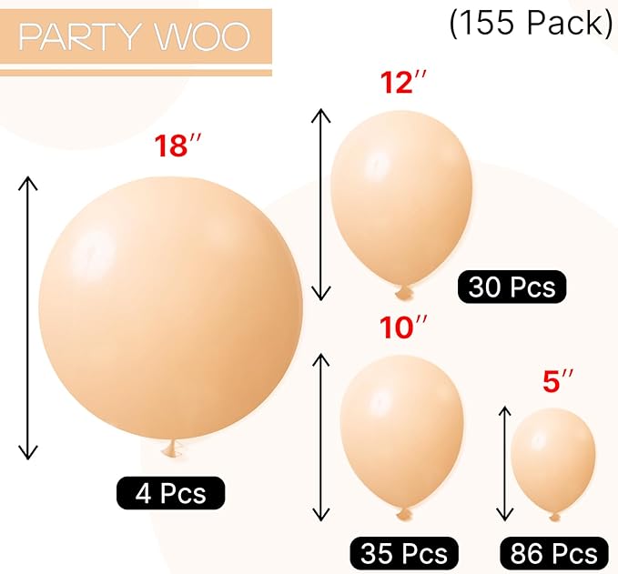 PartyWoo Nude Balloons 155pcs Different Sizes of 18 12 10 5 Inch Apricot Boho Fall Neutral Balloon Arch Kit Garland for Graduation Birthday Boy Baby Shower Theme Party Decorations Brown-F05