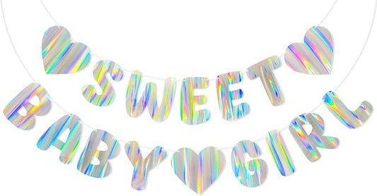 Iridescent Baby Shower Banner for Girl, Pre-Strung Sweet Baby Girl Banner, Holographic Baby Shower Decorations Sign