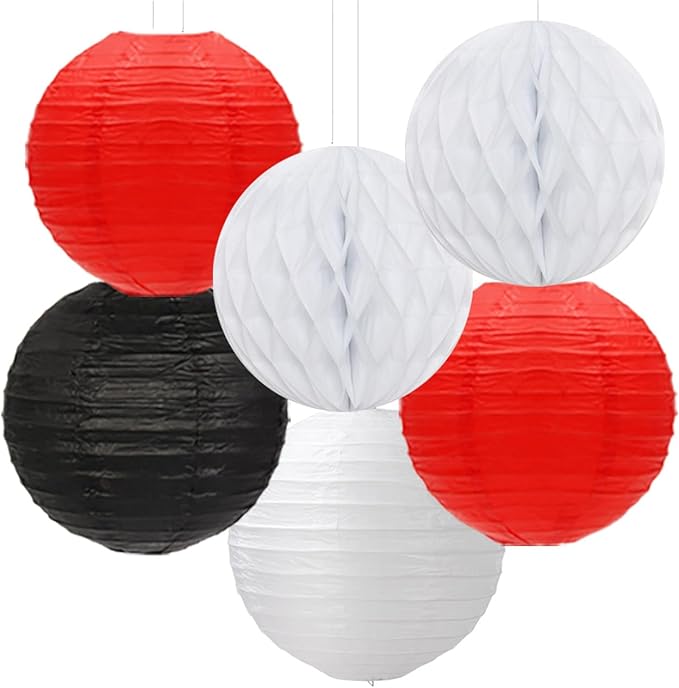 Black White-Red Party-Decorations Streamers Lanterns - 14pcs Birthday Graduation 2026 Paper Honeycomb Fan,Tissue Pom Poms,Men Women Wedding Baby Shower Backdrop Supplies Decor Ouruola