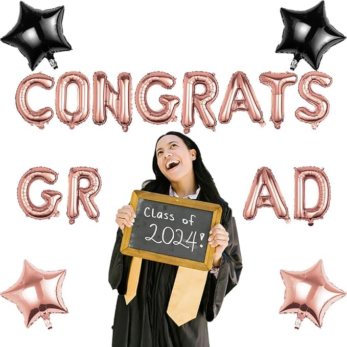 Graduation Balloons Set - CONGRATS GRAD Rose Gold Foil Letter Balloons with Star Decorations - Perfect Graduation Gift for 2026 Graduates - Party Decoration Kit