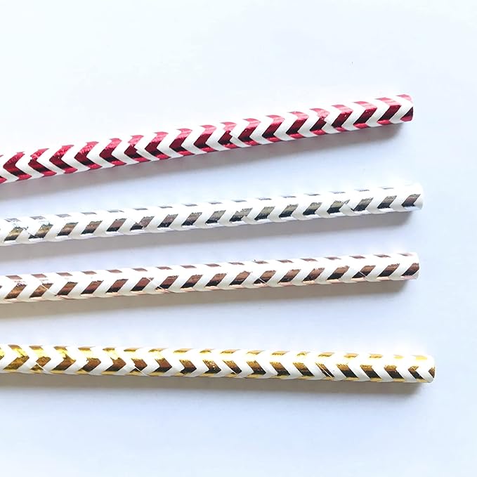 100 pcs Mixed Colorful Party Paper Straws, Shiny Colored Golden Red Rose Gold Silver Foil Wave Zig Zag Drinking Straws Bulk, Juice Bar Holiday Birthday Wedding Cake Pop Sticks (Metallic Chevron 01)