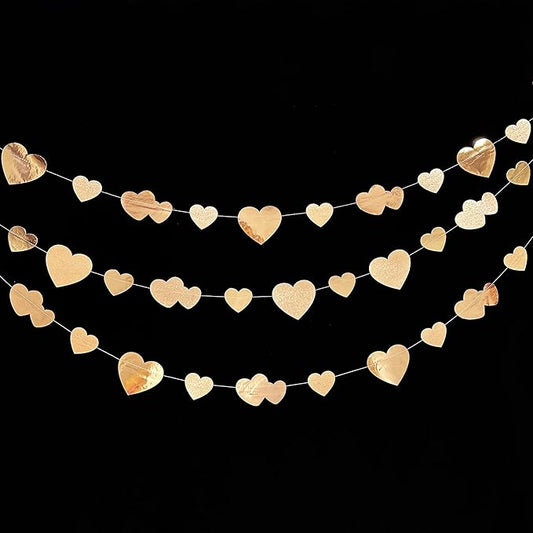 Valentines Day Party Decorations Champagne Gold Heart Banner Hanging Paper Garland Streamer for Anniversary Engagement Wedding Bridal Baby Shower Bachelorette Birthday Mother's Day Hen Party Supplies