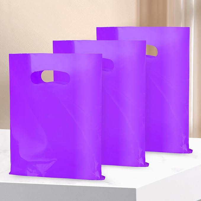 Purple 100 PCS Small Gift Bags, 6"x8" Goodie Party Favor Bags with Handle, Treat Retail Pouches for Kids Birthday, Christmas, Small Business