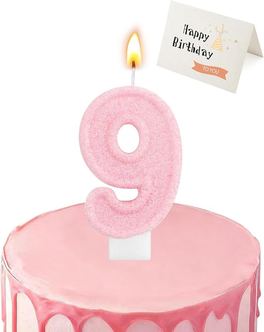 Birthday Candles for Cake, Pink Number Candles, Cake Candles with Greeting Card for Birthday Party Wedding Anniversary Celebrations (Bright Pink 9 Candle)