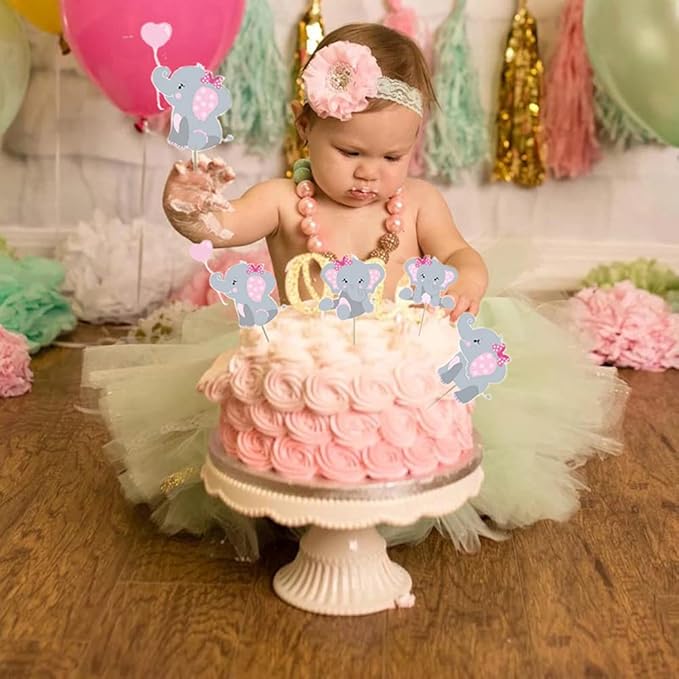 48pcs Pink Elephant Cupcake Toppers, Double Sided It's A Girl Picks, Cake Decorations for Elephant Theme Birthday Baby Shower Little Peanut Party Supplies