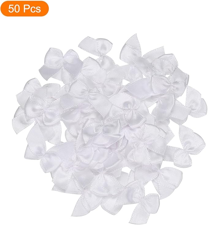 MECCANIXITY 50Pcs Mini Ribbon Bow 1" Mini Fabric Satin Ribbon Flower Bows for Craft DIY Sewing Wedding Birthday Party White