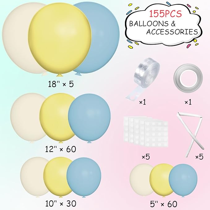 MEBAY Blue Yellow White Balloon Garland Arch Kit, 155Pcs Latex Balloons Different Size 18 12 10 5 inch for Birthday Baby Shower Wedding Anniversary Party