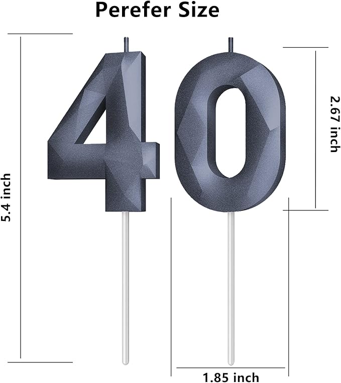 Number Birthday Candles(40 Candle Black) 3D Diamond Shape 40th Happy Birthday Cake Topper Decorations for Women Men Birthday Wedding Anniversary Celebration Theme Party Supplies