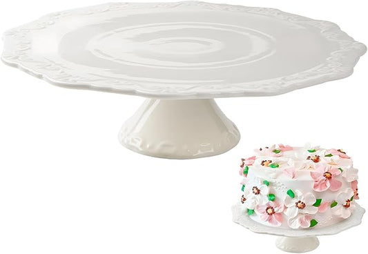 10 Inch White Ceramic Cake Stand (Holds 10 Inch Cake), Decorative Cupcake Stand, Dessert Display Plates for Snacks and Cookies, Baby Shower, Birthday, Wedding Party Decor