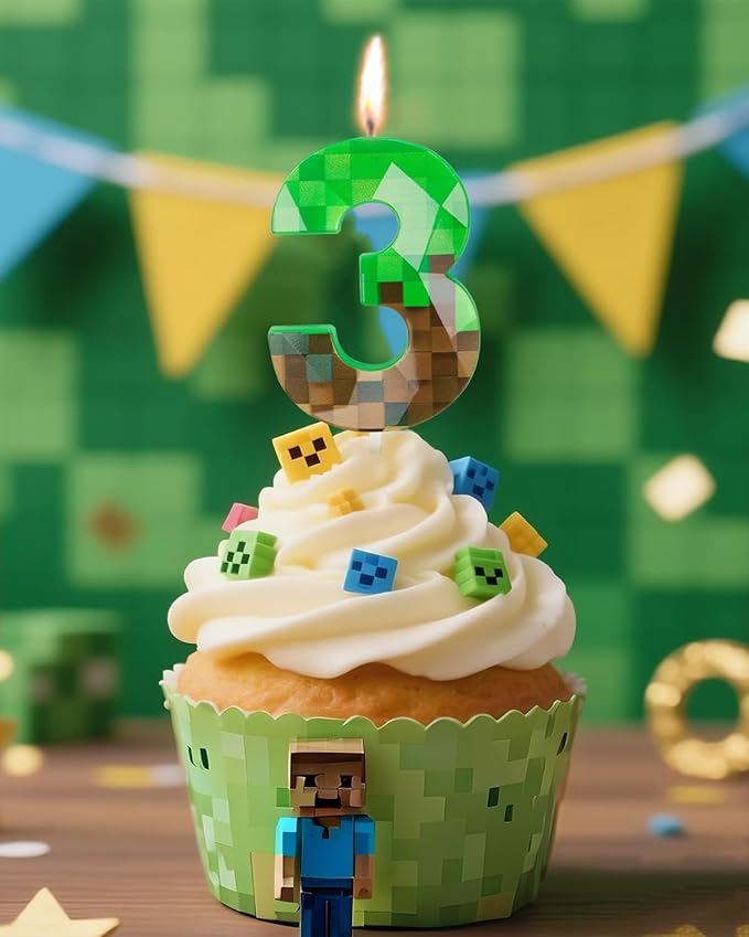 Pixel Birthday Candle, 2.68 Inch Miner Number Candles, Game Themed Candle Birthday Decoration for Pixel Theme Birthday Anniversary Dynamite Video Game Party (Green, 3)
