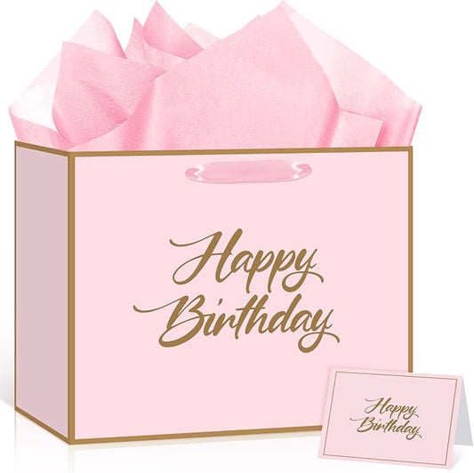 Yomaiha Pink Happy Birthday Gift Bag with Tissue Paper and Greeting Card, Pink Gold Birthday Wrapping Bag for Women Girls, Mom Wife Girlfriend Sister Friend Coworker Classmate Bday Party Supplies