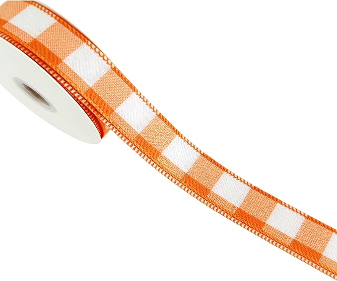 Meseey 7/8 Inch x10 Yards Orange White Gingham Plaid Buffalo Check Wired Ribbon for Easter Spring Fall Christmas Holiday Party Crafts