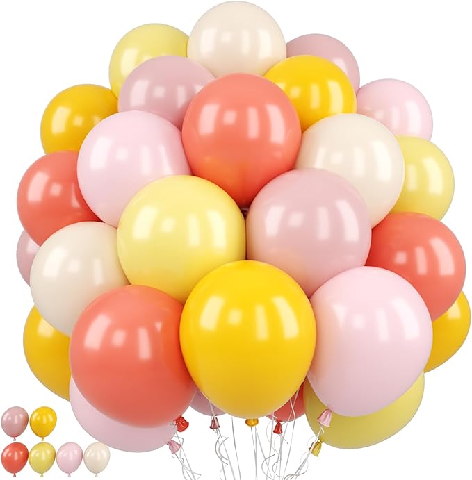 Pink and Yellow Balloon,50PCS 12 Inch Boho Pink Balloons Retro Orange Pastel Pink Yellow Nude Ballons for Girls Birthday Autumn Baby Shower Wedding Engagement Flower Fall Party Decorations