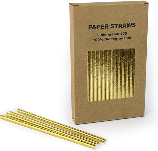 Plain Gold Foil Paper Straws Bulk, Shiny Metallic Pure Solid All Golden Paper Drinking Straws for Wedding 1st Birthday Party Holiday Christmas Anniversary New Year, Cake Pop Sticks (Gold Foil, 100)