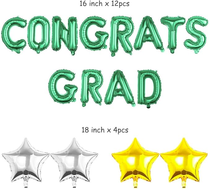 CONGRATS GRAD Green Balloon Gift Set - Perfect Graduation Gift - Complete 19-Piece Party Kit with 16” Letters + 18" Silver Gold Stars - Ready-to-Give Celebration Package 2026