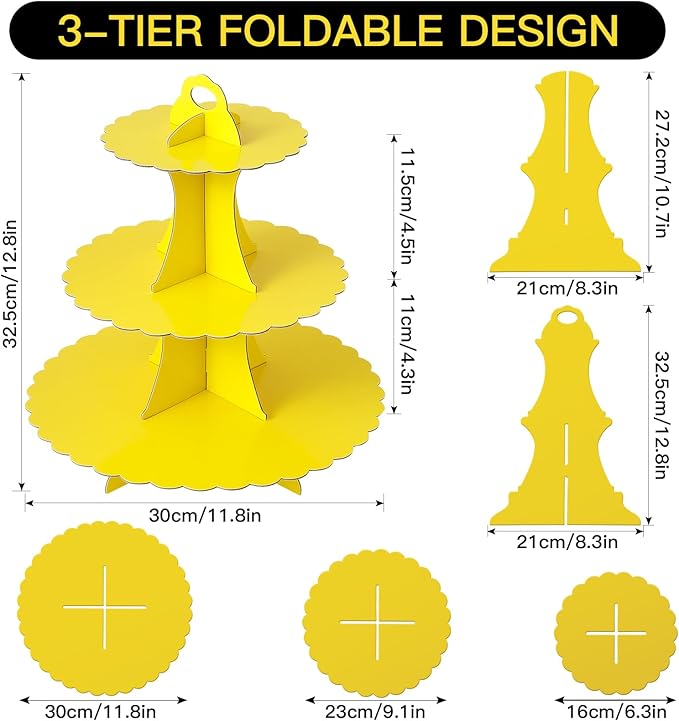 Soleebee 3-Tier Cupcake Stand, Cardboard Cupcake Tower, Dessert Cup Cake Stand Tower for Birthday Wedding Party Decoration, Cupcake Tier Stand 2 Set (Yellow)