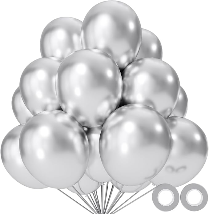 110pcs Metallic silver Balloons, Metallic silver Latex Balloons 12 inch, silver Balloon for Birthday Party Baby Shower Wedding(with 2 Ribbons).