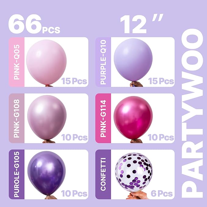 PartyWoo Pink and Purple Balloons 66pcs 12 Inch Baby Pastel Light Metallic Pink Light Purple Lavender Lilac Confetti Balloons for Baby Shower Princess Butterfly Birthday Party Decorations