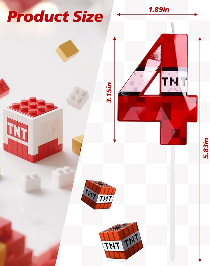 Number 4 Red Pixel Birthday Candle, TNT Themed Birthday Candles for Cake, 2.69 Inch Green Miner Number Candles, Game Themed Candle Birthday Decoration, Red Birthday Cake Topper for Boys Girls Party