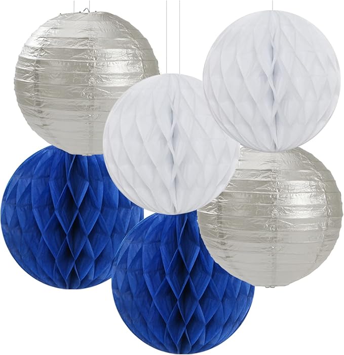 Navy-Blue White Silver Party Decorations - 14pcs Kits Paper Lanterns Fan,Tissue Flower Pom Poms Streamers,Honeycomb Balls,Graduation 2025 Men Birthday Wedding Baby Bridal Shower Decor Lasting Surprise