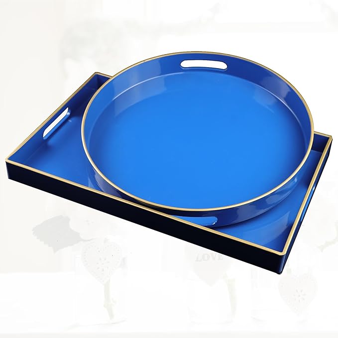 Blue Round Decorative Tray with Handles, 13" Elegant Coffee Table Serving Tray for Ottoman Living Room, Bathroom, Outdoors, Breakfast