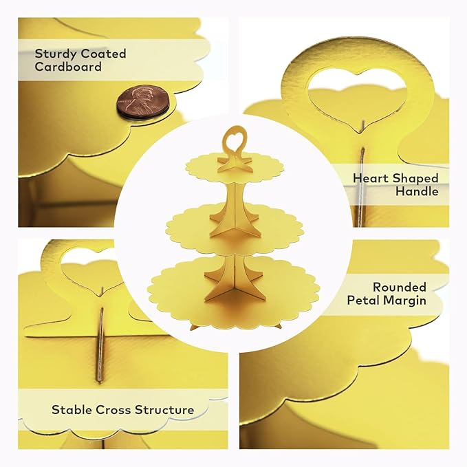 Matte Gold Cupcake Stand, 3-Tier Heart Handle Cardboard Dessert Display Tower, Perfect for Wedding Birthday Party Decorations (2-Pack)