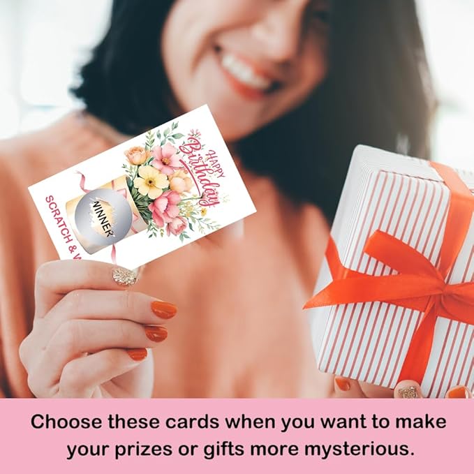 50 Pcs Happy Birthday Scratch off Game Cards, Floral Scratch Cards for Celebration Parties, Birthday Party Supplies for Flower Lovers, Lottery Group Games Activity Raffle Tickets