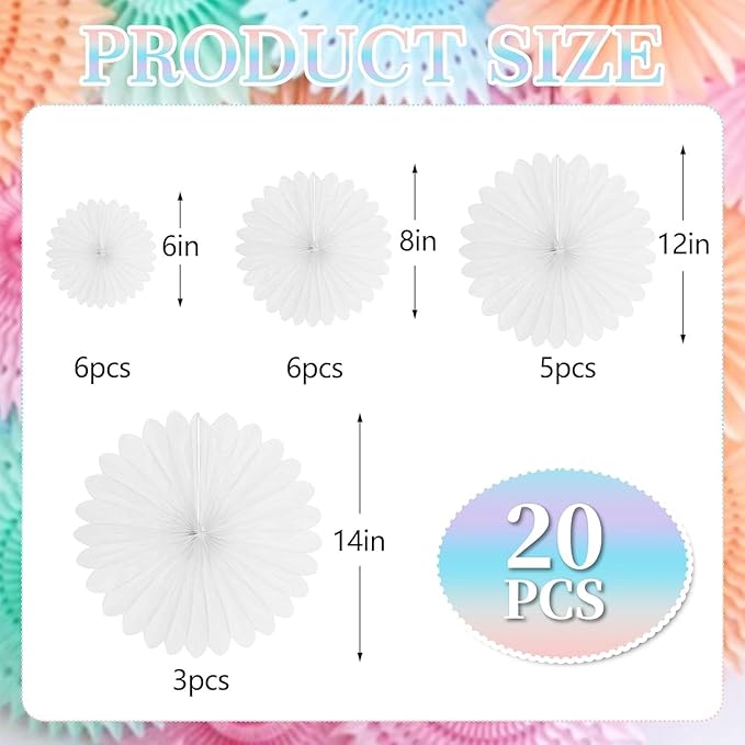 20 Pcs White Hanging Paper Fan, Round Paper Fans Decorations Set for Weddings, Birthdays, Engagement, Bridal Shower, Baby Shower Event, Christmas, Party Supplies Decor