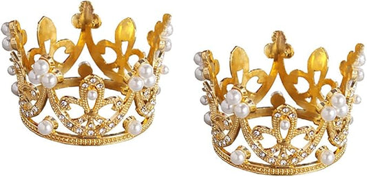 2 Pcs Mini Princess Pearl Crown Tiara Cake Cupcake Toppers Cake Decoration for Baby Shower Birthday Princess Party Bridal Wedding(Gold)