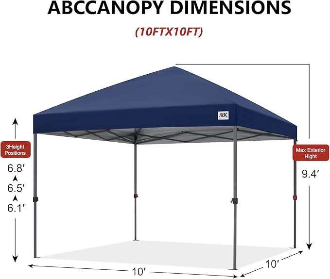 ABCCANOPY 10x10 Pop Up Canopy Tent, Easy Setup Instant Shelter with Wheeled Bag, Heavy Duty Outdoor Canopy for Beach, Market, Backyard, UV Protection, Outdoor Weather Protection (Navy Blue, 10x10)