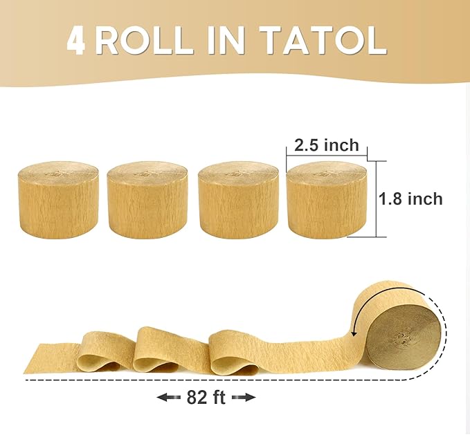 4 Rolls Crepe Paper Gold Streamers – Perfect for Streamers Party Decorations, Wedding, Birthday, Colored Decor, and DIY Craft Supplies(1.8 Inch x 82 Ft/Roll)