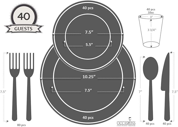 " OCCASIONS " 320pcs set (40 Guests)-Wedding Party Disposable Plastic Plate Set -40 x 10.25'' + 40 x 7.5'' + Silverware + Cups + Napkins (Scalloped in White/Blush & Gold)