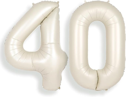 SUWEN 40 Inch Large Cream White 40 Balloon Numbers Big Foil Helium Number Balloons 0-9 Jumbo Happy 40th Mylar Birthday Party Decorations for Women or Men Anniversary Party Supplies