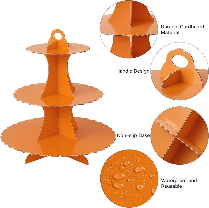 Soleebee 3-Tier Cupcake Stand, Cardboard Cupcake Tower, Dessert Cup Cake Stand Tower for Birthday Wedding Party Decoration, Cupcake Tier Stand 1 Set (Orange)