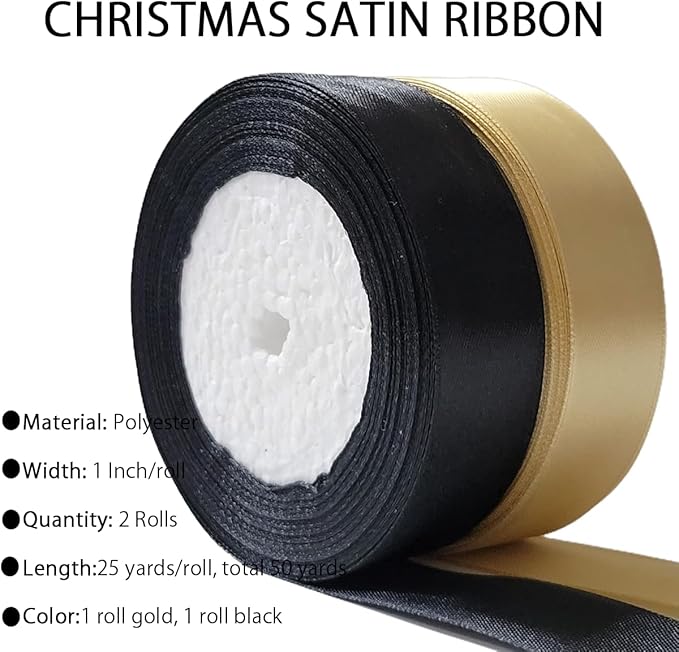 Gold Christmas Ribbon, Gold Black Satin Ribbon 1 Inch 50 Yards Fabric Ribbons for Christmas Party Decorations, Gift Wrapping, Tree Ornaments, Bouquets, Door Wreaths, Bows Making and DIY Crafts