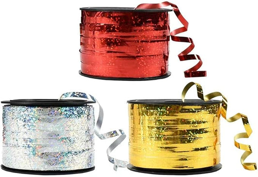BEISHIDA 3 Pack 100 Yards Gold Silver Red Curling Crimped Glitter Ribbon Balloon String Shiny Metallic Gift Wrapping Ribbon Birthday Party Christmas Art Craft Decoration