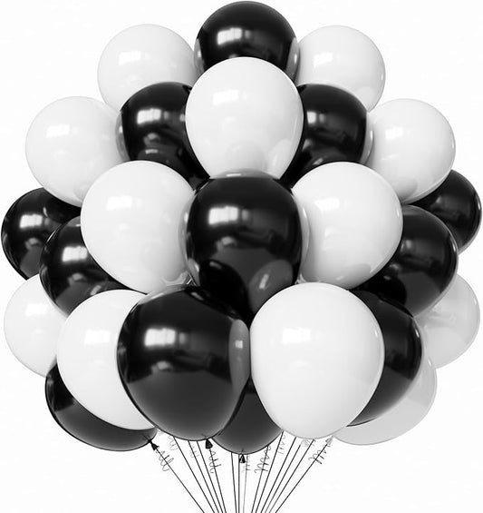 Black and White Latex Balloons, 50pcs 12 Inches White and Black Thickened Balloons with 1 Ribbon for Graduation, Wedding, Birthday Party Decorations