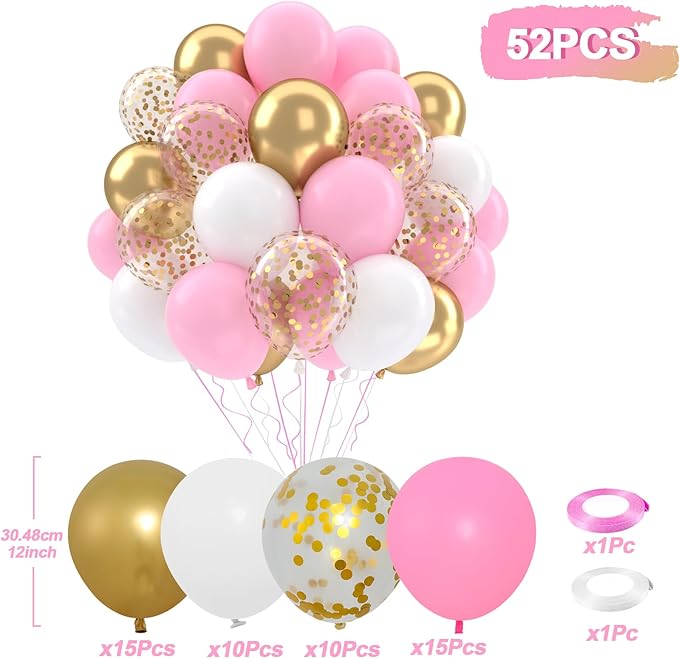 Patimate Pink Gold Confetti Balloons Set, 50 pcs 12 inch Metallic Gold Pastel Pink White Confetti Latex Balloons Kit for Birthday Baby Shower Girl Princess Party Decorations