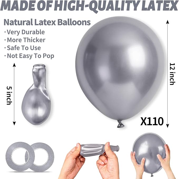 110pcs Metallic silver Balloons, Metallic silver Latex Balloons 12 inch, silver Balloon for Birthday Party Baby Shower Wedding(with 2 Ribbons).