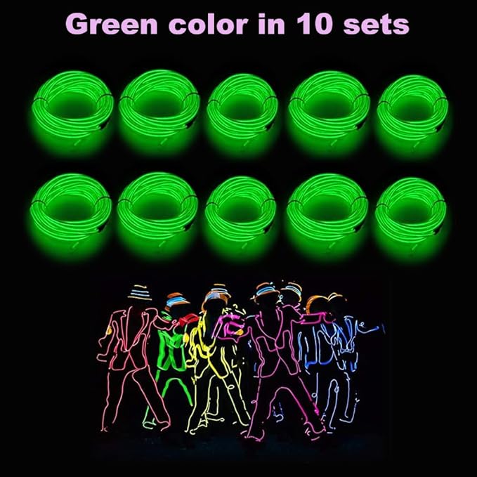 MaxLax EL Wire Green 10-Pack, 16.4ft/5m Neon Light Wire with Noise Reduction and Battery Pack…
