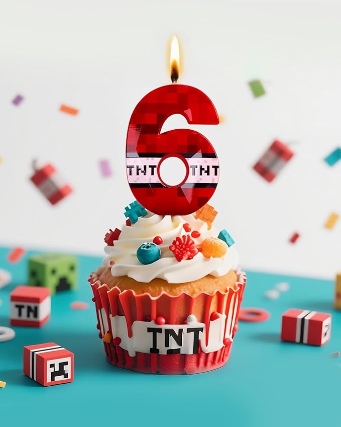 Number 6 Red Pixel Birthday Candle, TNT Themed Birthday Candles for Cake, 2.71 Inch Green Miner Number Candles, Game Themed Candle Birthday Decoration, Red Birthday Cake Topper for Boys Girls Party