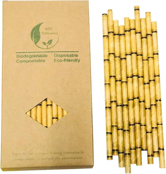 Bamboo Paper Straws Yellow 100 Packs, 100% Biodegradable Yellow Bamboo Design Disposable Cocktail Straws Drinking for Juice, Coffee, Soda, Smoothies