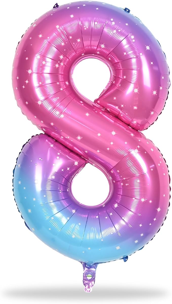 40 Inch Rainbow Foil Balloon Number 8, Giant Self Inflating Gradient Blue Pink Number Balloons 0-9 for Women, Starry Print 8 Helium Balloons Set for Girls 8th Birthday Party Decorations Supplies