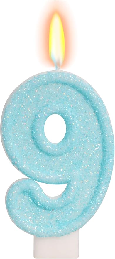 Blue Birthday Candles - Number 9 Candle for 9th Birthday Decorations for Girls Boys, Sky Blue Cake Decorations Sweet Theme Party Supplies